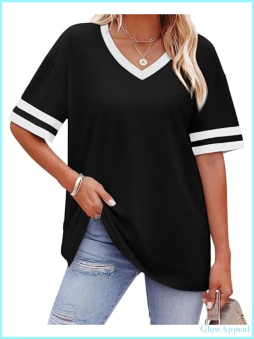 Womens Loose Fit Short Sleeve V Neck Color Block Summer Tee